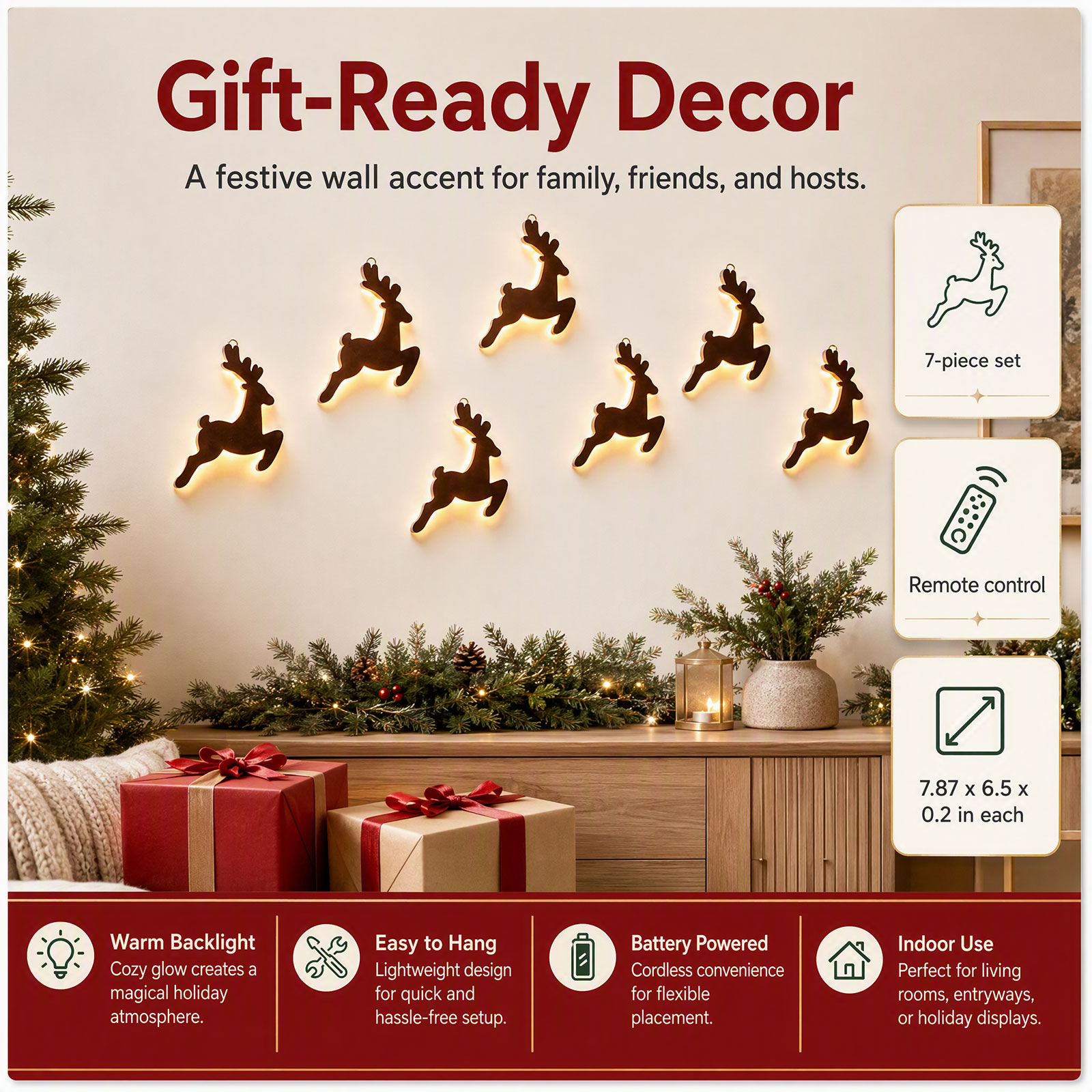 Wooden Reindeer Wall Decor 7PC - огляд і ціна Lighting Christmas Decor
